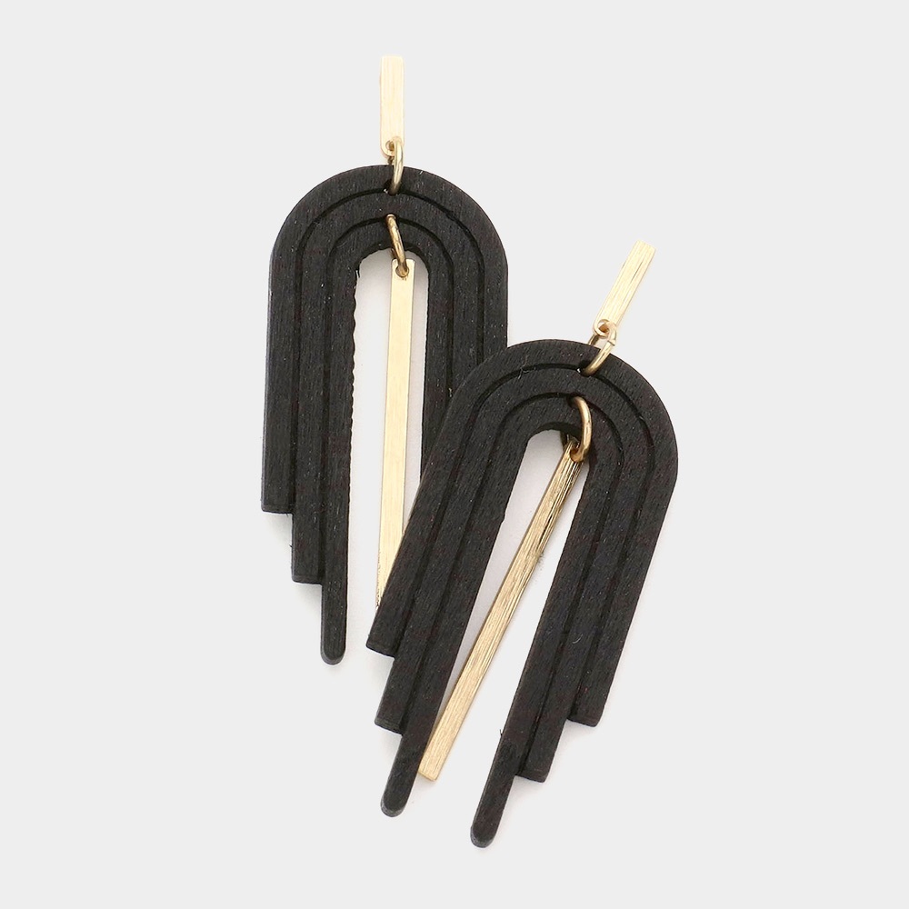 Curved wood black and gold metal bar fashion earrings